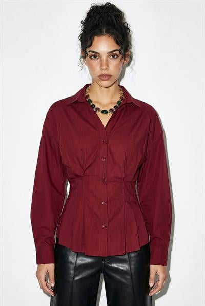 Kadın Pileli Belden Oturtmalı Poplin Gömlek 343 60286048 - Bordo