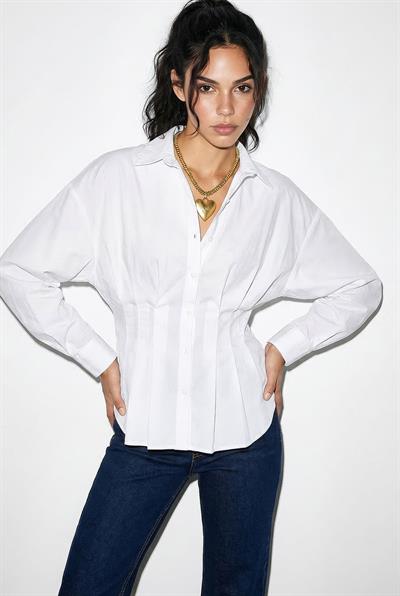 Kadın Pileli Belden Oturtmalı Poplin Gömlek 343 60286048 - Beyaz