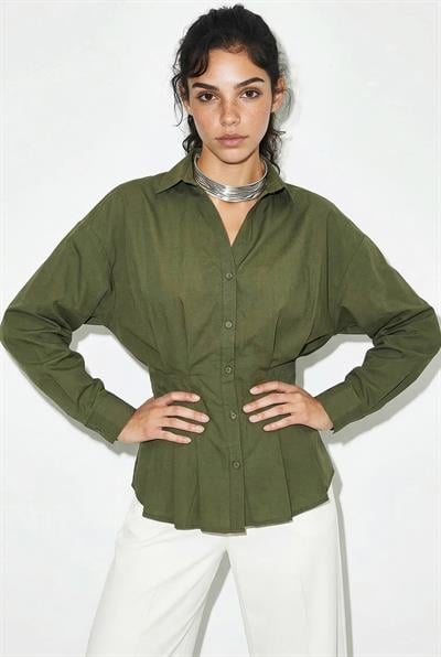 Kadın Pileli Belden Oturtmalı Poplin Gömlek 343 60286048 - Yeşil