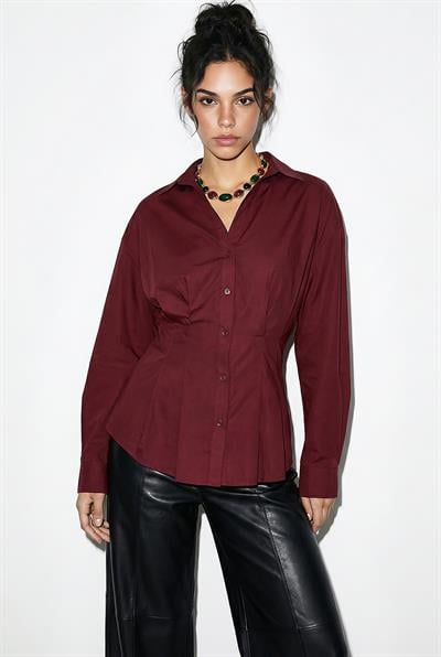 Kadın Pileli Belden Oturtmalı Poplin Gömlek 343 60286048 - Bordo