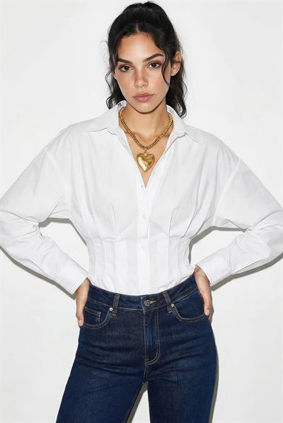 Kadın Pileli Belden Oturtmalı Poplin Gömlek 343 60286048 - Beyaz