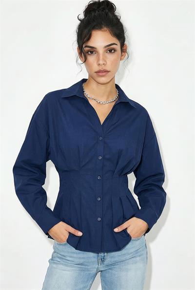 Kadın Pileli Belden Oturtmalı Poplin Gömlek 343 60286048 - Lacivert