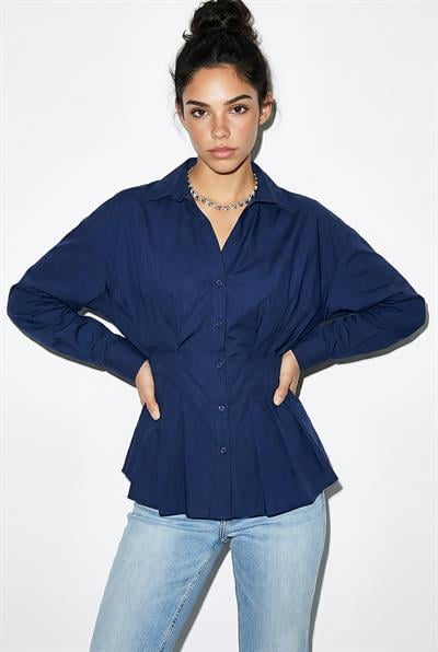Kadın Pileli Belden Oturtmalı Poplin Gömlek 343 60286048 - Lacivert