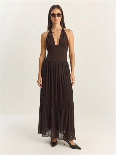 Kadın Piliseli Maxi Boy Astarlı Tül Etek 0928 60283946 - Kahverengi