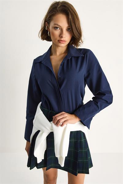 Kadın Pliseli Pat Detaylı Geniş Manşet Detaylı Klasik Yaka Gömlek 2140 60284075 - Lacivert