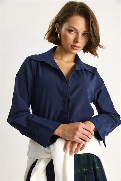 Kadın Pliseli Pat Detaylı Geniş Manşet Detaylı Klasik Yaka Gömlek 2140 60284075 - Lacivert