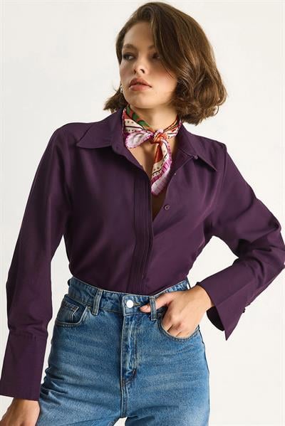 Kadın Pliseli Pat Detaylı Geniş Manşet Detaylı Klasik Yaka Gömlek 2140 60284075 - Mürdüm GÖMLEK modelleri