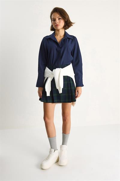 Kadın Pliseli Pat Detaylı Geniş Manşet Detaylı Klasik Yaka Gömlek 2140 60284075 - Lacivert