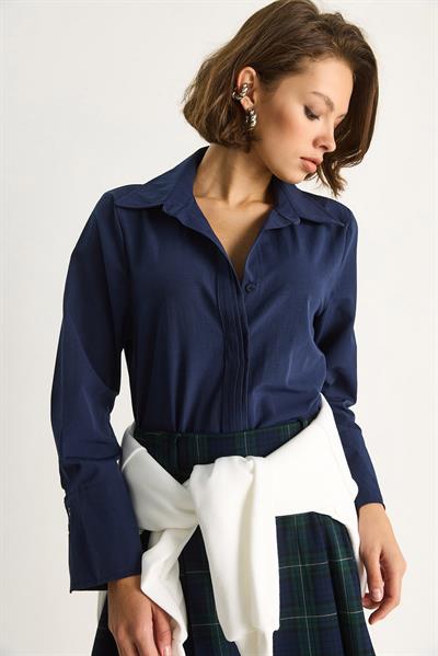 Kadın Pliseli Pat Detaylı Geniş Manşet Detaylı Klasik Yaka Gömlek 2140 60284075 - Lacivert