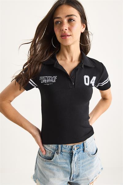 Kadın Polo Yaka Baskılı Kısa Kollu Crop T-Shirt 4004 60283401 - Siyah