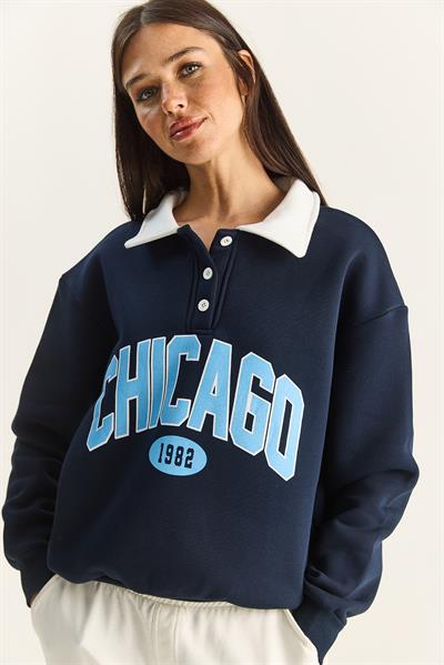 Kadın Polo Yaka Chicago Baskılı Üç İplik Şardonlu Sweatshirt 60601050 - Lacivert