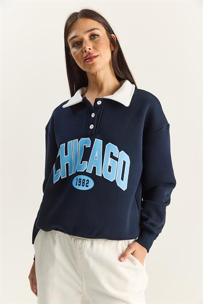 Kadın Polo Yaka Chicago Baskılı Üç İplik Şardonlu Sweatshirt 60601050 - Lacivert
