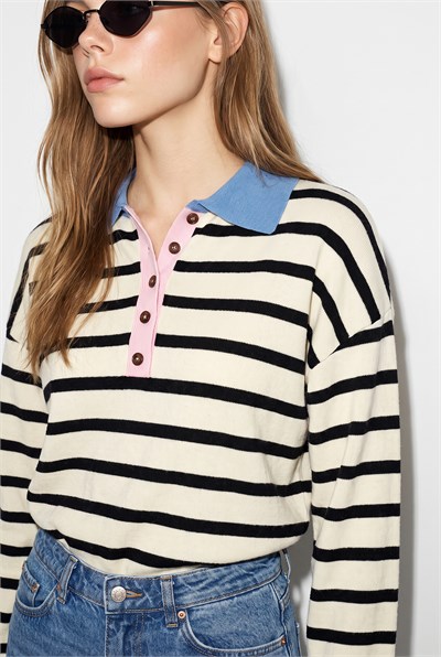 Kadın Polo Yaka Düğmeli Çizgili Oversize Triko Kazak 2755 60286484 - Siyah-Mavi