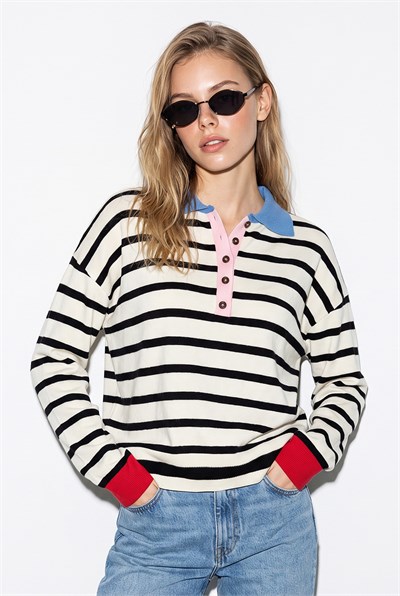 Kadın Polo Yaka Düğmeli Çizgili Oversize Triko Kazak 2755 60286484 - Siyah-Mavi