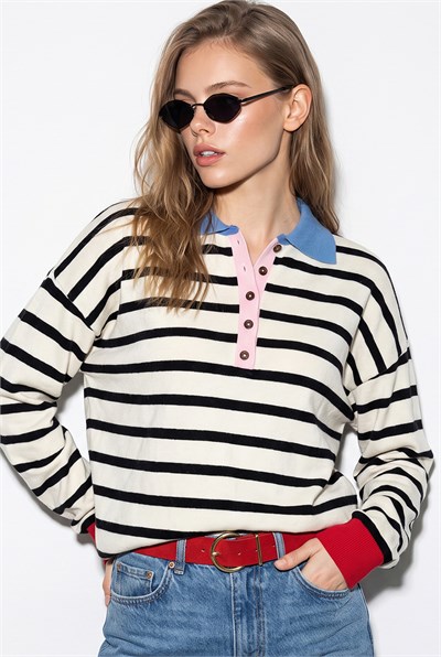Kadın Polo Yaka Düğmeli Çizgili Oversize Triko Kazak 2755 60286484 - Siyah-Mavi