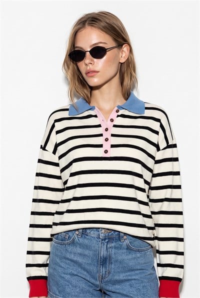 Kadın Polo Yaka Düğmeli Çizgili Oversize Triko Kazak 2755 60286484 - Siyah-Mavi