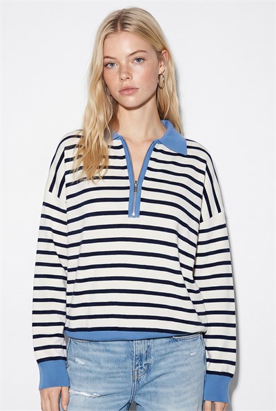 Kadın Polo Yaka Fermuarlı Çizgili Oversize Triko Kazak 2757 60286481 - Lacivert-Mavi