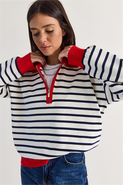 Kadın Polo Yaka Fermuarlı Çizgili Oversize Triko Kazak 2757 60286481 - Lacivert-Kırmızı