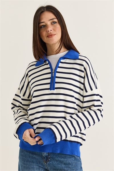 Kadın Polo Yaka Fermuarlı Çizgili Oversize Triko Kazak 2757 60286481 - Lacivert-Saks