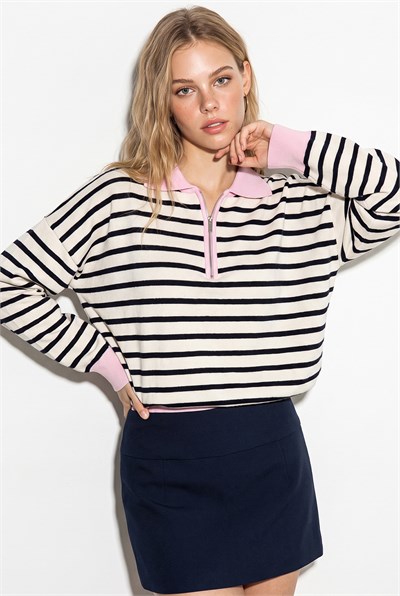 Kadın Polo Yaka Fermuarlı Çizgili Oversize Triko Kazak 2757 60286481 - Lacivert-Pembe