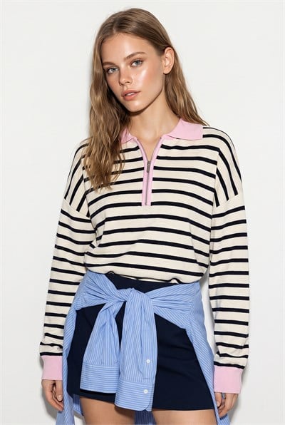 Kadın Polo Yaka Fermuarlı Çizgili Oversize Triko Kazak 2757 60286481 - Lacivert-Pembe