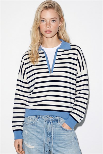 Kadın Polo Yaka Fermuarlı Çizgili Oversize Triko Kazak 2757 60286481 - Lacivert-Mavi