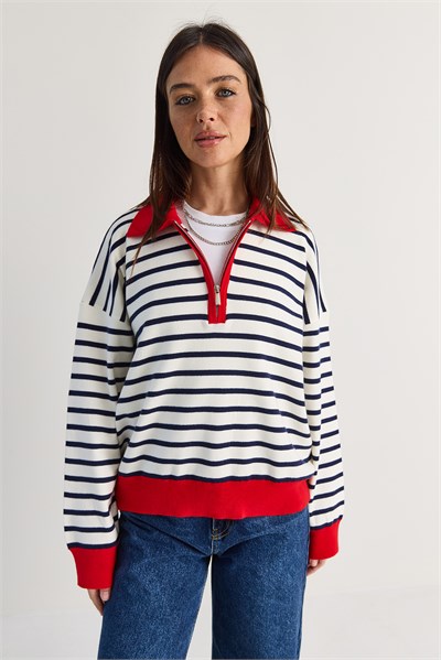 Kadın Polo Yaka Fermuarlı Çizgili Oversize Triko Kazak 2757 60286481 - Lacivert-Kırmızı