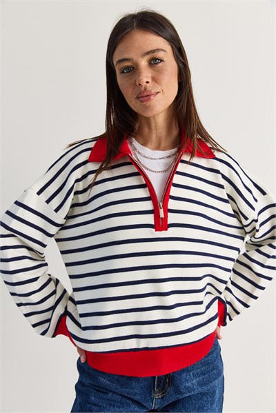Kadın Polo Yaka Fermuarlı Çizgili Oversize Triko Kazak 2757 60286481 - Lacivert-Kırmızı