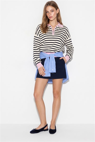 Kadın Polo Yaka Fermuarlı Çizgili Oversize Triko Kazak 2757 60286481 - Lacivert-Pembe