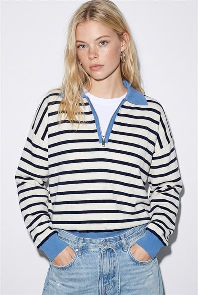 Kadın Polo Yaka Fermuarlı Çizgili Oversize Triko Kazak 2757 60286481 - Lacivert-Mavi