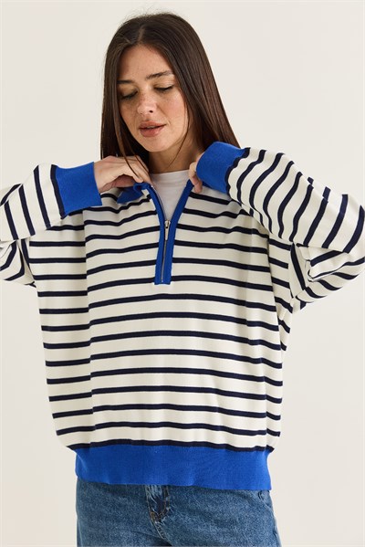 Kadın Polo Yaka Fermuarlı Çizgili Oversize Triko Kazak 2757 60286481 - Lacivert-Saks