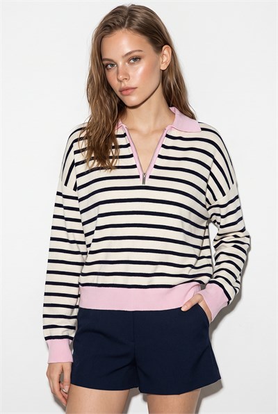 Kadın Polo Yaka Fermuarlı Çizgili Oversize Triko Kazak 2757 60286481 - Lacivert-Pembe