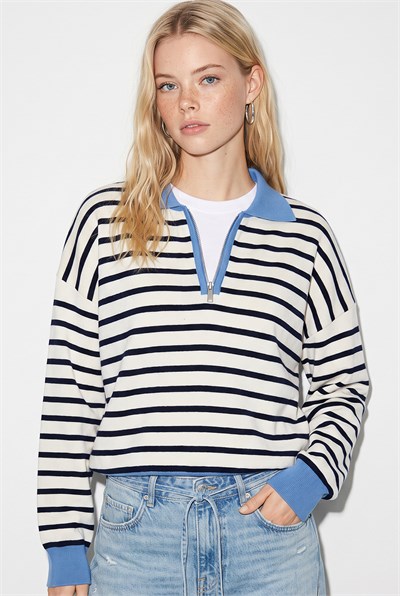 Kadın Polo Yaka Fermuarlı Çizgili Oversize Triko Kazak 2757 60286481 - Lacivert-Mavi