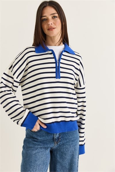 Kadın Polo Yaka Fermuarlı Çizgili Oversize Triko Kazak 2757 60286481 - Lacivert-Saks