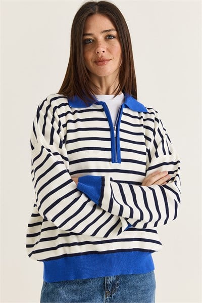 Kadın Polo Yaka Fermuarlı Çizgili Oversize Triko Kazak 2757 60286481 - Lacivert-Saks