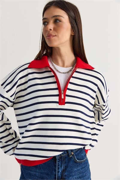 Kadın Polo Yaka Fermuarlı Çizgili Oversize Triko Kazak 2757 60286481 - Lacivert-Kırmızı