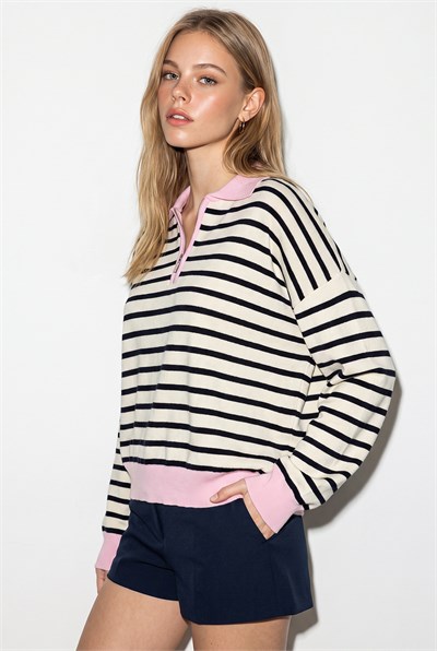 Kadın Polo Yaka Fermuarlı Çizgili Oversize Triko Kazak 2757 60286481 - Lacivert-Pembe