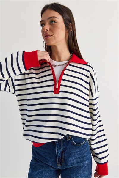 Kadın Polo Yaka Fermuarlı Çizgili Oversize Triko Kazak 2757 60286481 - Lacivert-Kırmızı