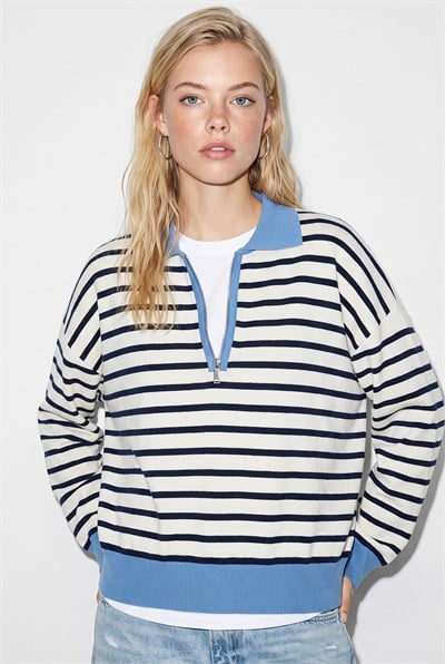 Kadın Polo Yaka Fermuarlı Çizgili Oversize Triko Kazak 2757 60286481 - Lacivert-Mavi