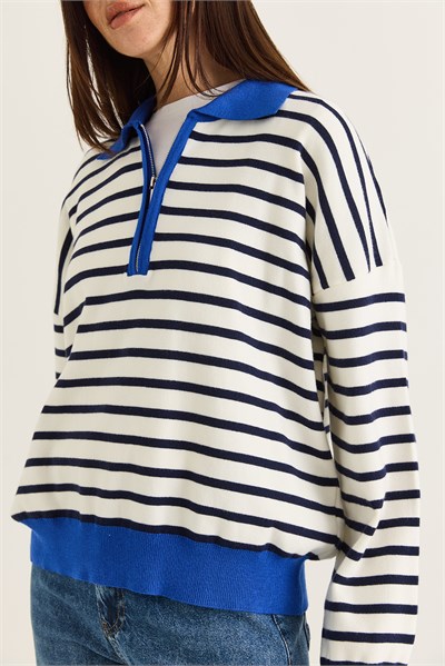 Kadın Polo Yaka Fermuarlı Çizgili Oversize Triko Kazak 2757 60286481 - Lacivert-Saks