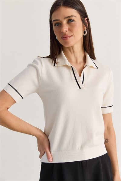 Kadın Polo Yaka Kısa Kollu Kaşmir Dokulu Triko Bluz TK261134 60286611 - Ekru-Siyah