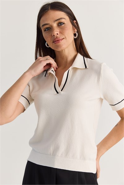 Kadın Polo Yaka Kısa Kollu Kaşmir Dokulu Triko Bluz TK261134 60286611 - Ekru-Siyah