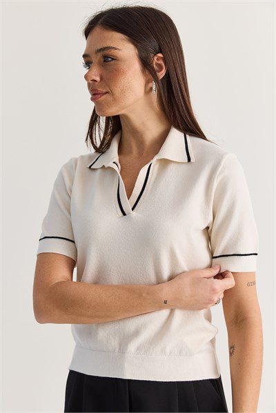 Kadın Polo Yaka Kısa Kollu Kaşmir Dokulu Triko Bluz TK261134 60286611 - Ekru-Siyah