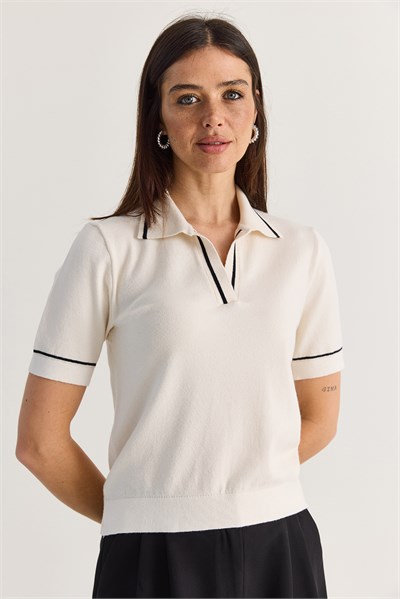 Kadın Polo Yaka Kısa Kollu Kaşmir Dokulu Triko Bluz TK261134 60286611 - Ekru-Siyah