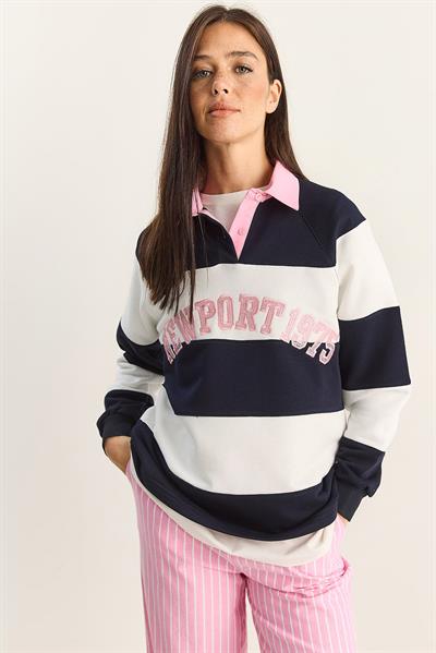 Kadın Polo Yaka Nakışlı Çizgili Sweatshirt 8658 60283852 - Lacivert-Beyaz