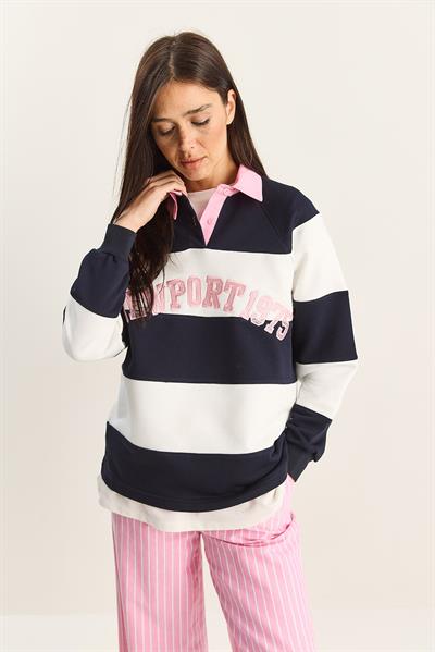Kadın Polo Yaka Nakışlı Çizgili Sweatshirt 8658 60283852 - Lacivert-Beyaz