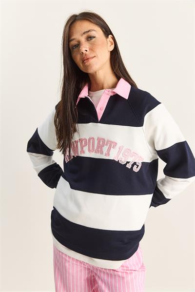 Kadın Polo Yaka Nakışlı Çizgili Sweatshirt 8658 60283852 - Lacivert-Beyaz