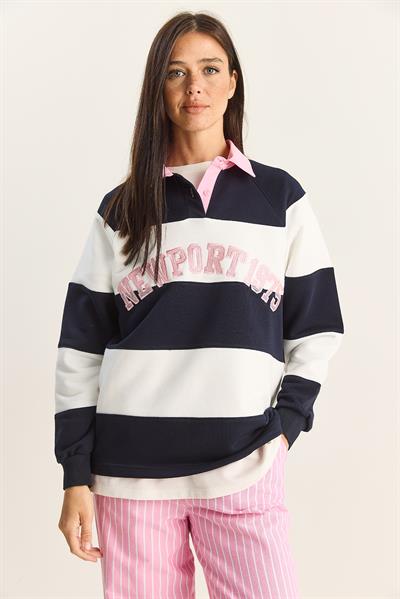 Kadın Polo Yaka Nakışlı Çizgili Sweatshirt 8658 60283852 - Lacivert-Beyaz