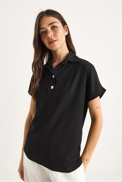 Kadın Polo Yaka Oval Etek Uçlu Rahat T-Shirt 4070 60283402 - Siyah