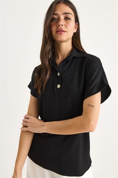 Kadın Polo Yaka Oval Etek Uçlu Rahat T-Shirt 4070 60283402 - Siyah